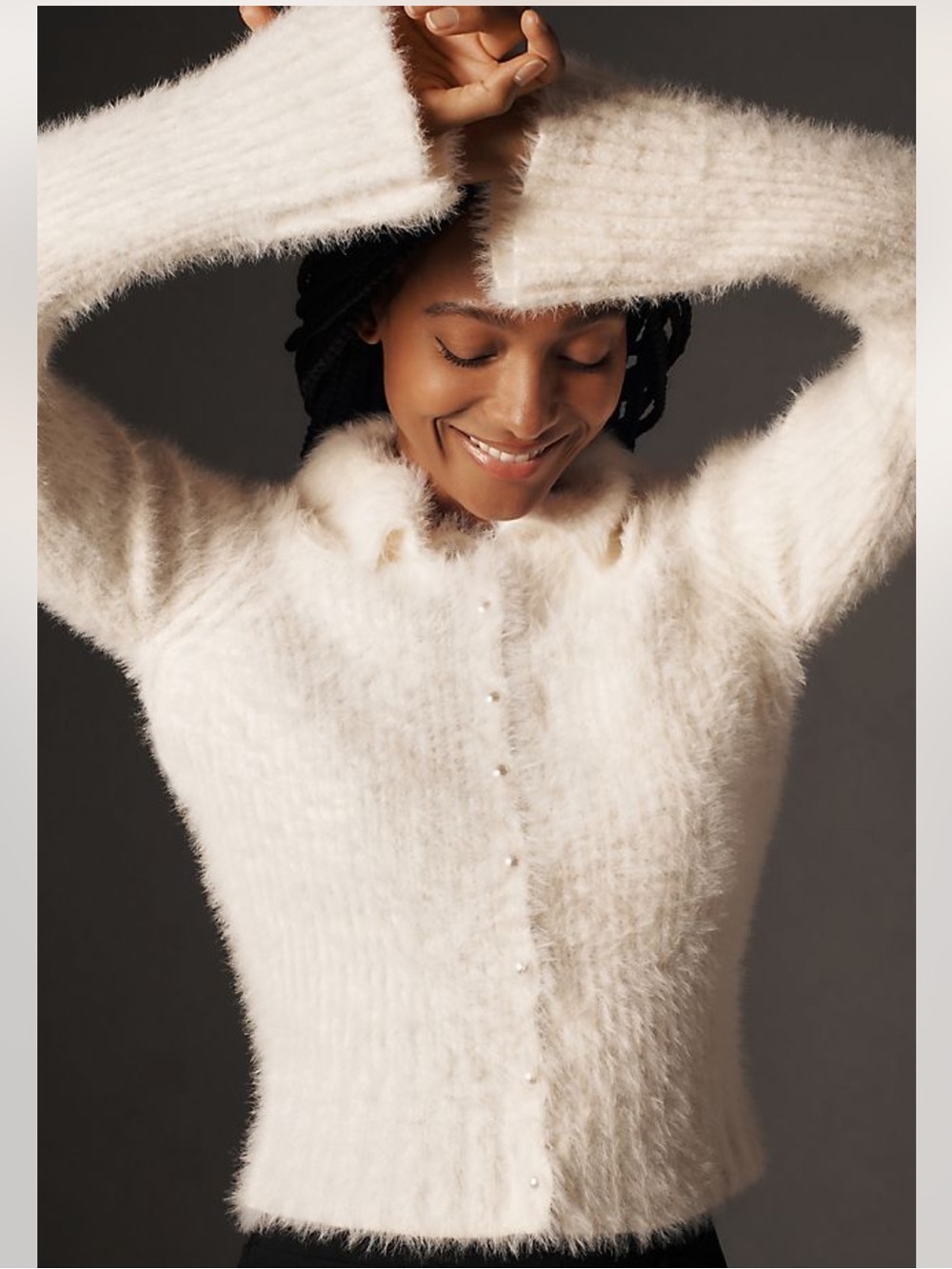 NWT by Anthropologie Ivory Pearl Button Long Sleeve Fuzzy Cardigan Sweater XS P